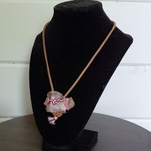 Bohemian Pink Bone Pendant Necklace with Tan Cord